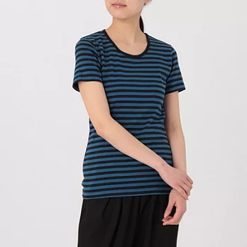 [MUJI無印良品]女有機棉針織圓領橫紋短袖T恤S天空藍紋樣
