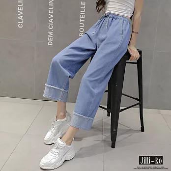 【Jilli~ko】假反摺綁帶牛仔褲-F 5807 FREE藍色