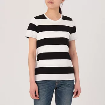 [MUJI無印良品]女有機棉圓領橫紋短袖T恤M黑色