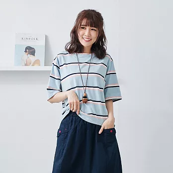 【慢。生活】配色條紋彈性色織短T-F 8518 FREE粉藍