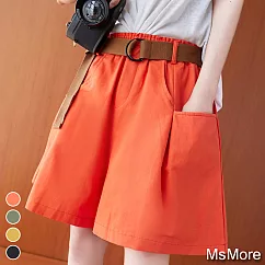 【A.Cheter】鬆緊腰頭純色休閒棉麻寬短褲#107151 M 橘