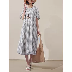 【慢。生活】春夏寬鬆皺面文藝格子不規則拼接連衣裙 13687  FREE 白色