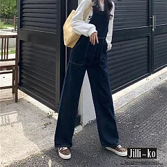 【Jilli~ko】韓版復古水洗牛仔大口袋背帶連身褲 L─XL J9807 L 深藍色