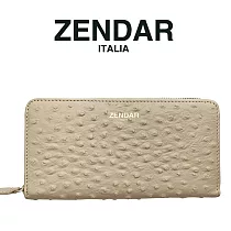 【ZENDAR】台灣總代理 限量1折 頂級小羊皮鴕鳥紋拉鍊皮夾 凱莉系列 全新專櫃展示品 米灰色