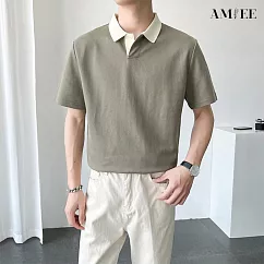 【AMIEE】流行百搭立領撞色POLO衫(男裝/KDTY─T379) L 灰綠