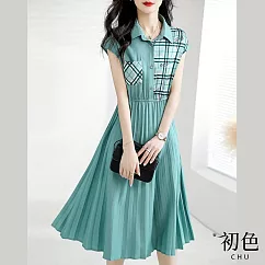 【初色】韓系圓領短袖高腰A字裙拼接洋裝─綠色─67120(M─2XL可選) L 綠色