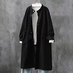 【ACheter】 復古長版立領收腰風衣長袖休閒顯瘦純棉洗水圓領外套# 119601 M 黑色