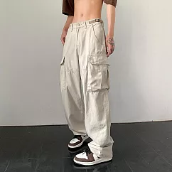 【AMIEE】日系復古多口袋寬鬆工裝褲(男裝/KDPY─D27) M 杏色