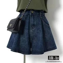 【Jilli~ko】夏季高腰遮跨顯瘦薄款闊腿A字牛仔短褲女 L─XL J11673 L 深藍色