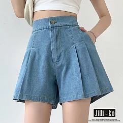 【Jilli~ko】鬆緊高腰牛仔A字闊腿短褲 L─XL J11630 L 淺藍色