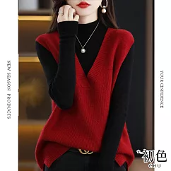 【初色】馬甲針織V領無袖毛衣背心上衣-共6色-64166(F可選) F 紅色