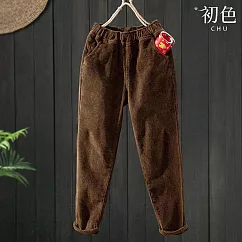 【初色】文藝復古鬆緊腰加絨加厚燈芯絨哈倫褲休閒褲寬褲長褲-共4色-39467(M-4XL可選) M 棕色
