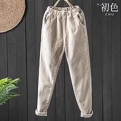 【初色】文藝復古鬆緊腰加絨加厚燈芯絨哈倫褲休閒褲寬褲長褲-共4色-39467(M-4XL可選) XL 杏色