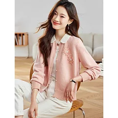 【MsMore】 立體花朵拼色翻領針織短款毛衣外套# 125545 FREE 玫紅色