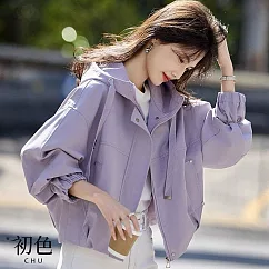 【初色】韓系通勤風休閒寬鬆短版抽繩連帽束口長袖夾克外套女外套-共3色-16056(M-2XL可選) XL 紫色
