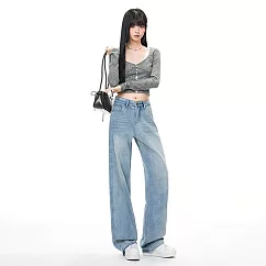 【MsMore】 厚絨超柔紗垂感闊腿牛仔褲寬鬆垂感長褲# 126986 M 藍色