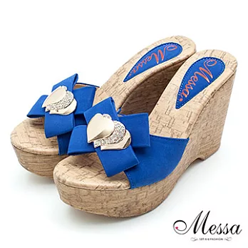 【Messa米莎】(MIT)心心相印鑽飾楔型涼拖鞋-二色36藍色