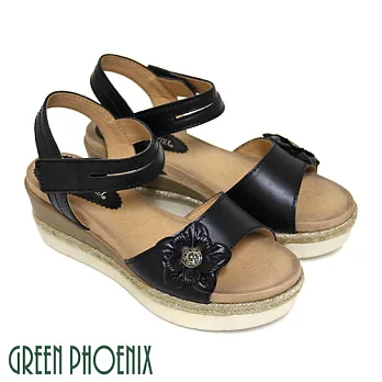 ◤Green Phoenix◥寬版花朵麻繩沾黏式全真皮厚底涼鞋EU36黑色