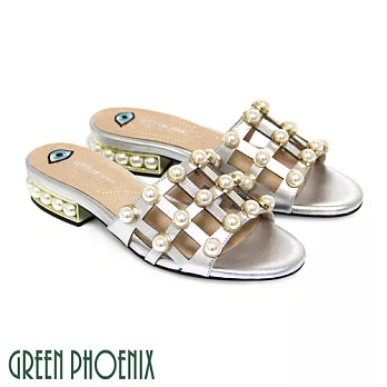 Green PhoenixBIS-VITAL 立體珍珠方型鏤空金屬框義大利山羊皮低跟拖鞋EU36銀色