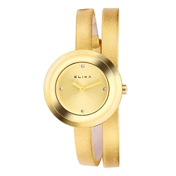ELIXA 瑞士精品手錶 Finesse系列香檳金框 香檳金晶鑽錶盤/皮革纏繞式錶帶28mm