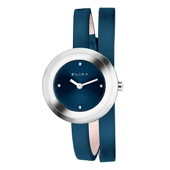 ELIXA 瑞士精品手錶 Finesse系列銀框 闇藍色晶鑽錶盤/皮革纏繞式錶帶28mm