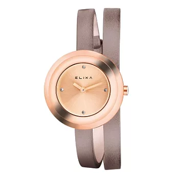 ELIXA 瑞士精品手錶 Finesse系列玫瑰金框 晶鑽錶盤/灰褐色皮革纏繞式錶帶28mm
