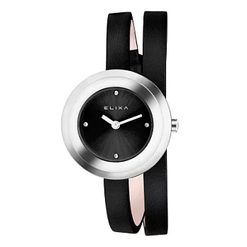 ELIXA 瑞士精品手錶 Finesse系列銀框 黑色晶鑽錶盤/皮革纏繞式錶帶28mm