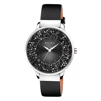 ELIXA 瑞士精品手錶 Finesse系列銀框 黑色晶鑽錶面/皮革錶帶38mm