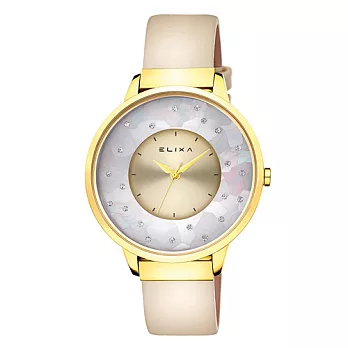 ELIXA 瑞士精品手錶 Finesse晶鑽錶面簡約刻度皮革系列 奢華金38mm