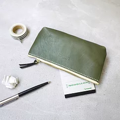 【預購商品】HANDIIN|質感生活 日系簡約手縫皮革拉鍊筆袋/化妝包/小物包 綠色 綠色