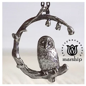 日本銀飾品牌 Marship 貓頭鷹與風鈴花項鍊 925純銀 Owl and Bellflower 古董銀款 古董銀