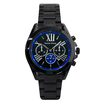 Daniel Wang DW-3185 休閒風格羅馬字體中性鐵帶錶-黑帶藍圈