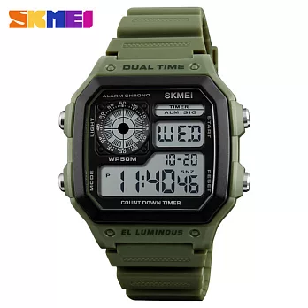 SKMEI 時刻美 1299 俐落方形設計多功能顯示電子錶- 綠色