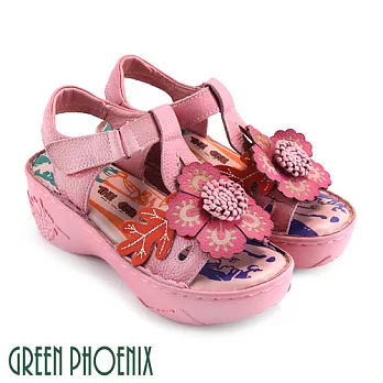 ◤Green Phoenix◥花朵枝葉圖騰手縫全真皮魔鬼氈厚底氣墊涼鞋EU35粉紅色