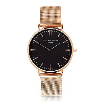 Elie Beaumont 英國時尚手錶 牛津米蘭錶帶系列 黑錶盤x玫瑰金色錶帶錶框38mm