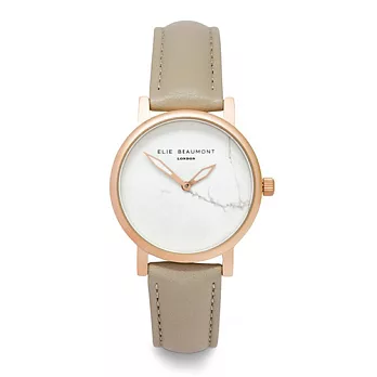 Elie Beaumont 英國時尚手錶 大理石系列 白錶盤x褐色皮革錶帶x玫瑰金錶框33mm