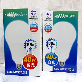 【NEWWIN】臺灣製 40W 全電壓LED廣角型球泡燈 (白光/黃光-大型防水燈泡)白光(1入)