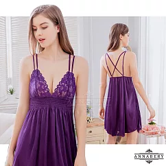 【Annabery】大尺碼 迷情深紫交叉美背緞面刺繡蕾絲性感睡裙FREE紫