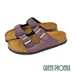 【GREEN PHOENIX】女 拖鞋 寬版 二字 雙皮帶釦 平底 台灣製 JP24 紫色