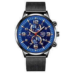 DOYROS 時尚商務列治文仿三眼日曆米蘭帶手錶 _黑帶藍盤黑框