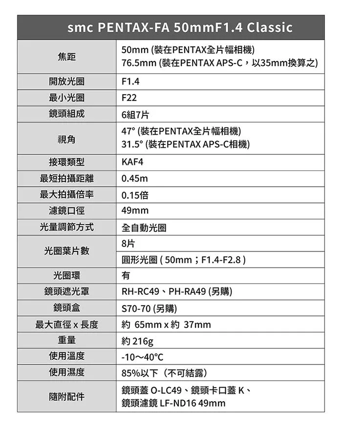 Pentax賓得士 SMC FA 50mm F/1.4 - 詳情5