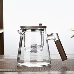 一鍵過濾茶水分離木質玻璃茶壺650ml 高硼硅玻璃內膽茶水過濾 胡桃木手柄一體設計沖茶器 透明