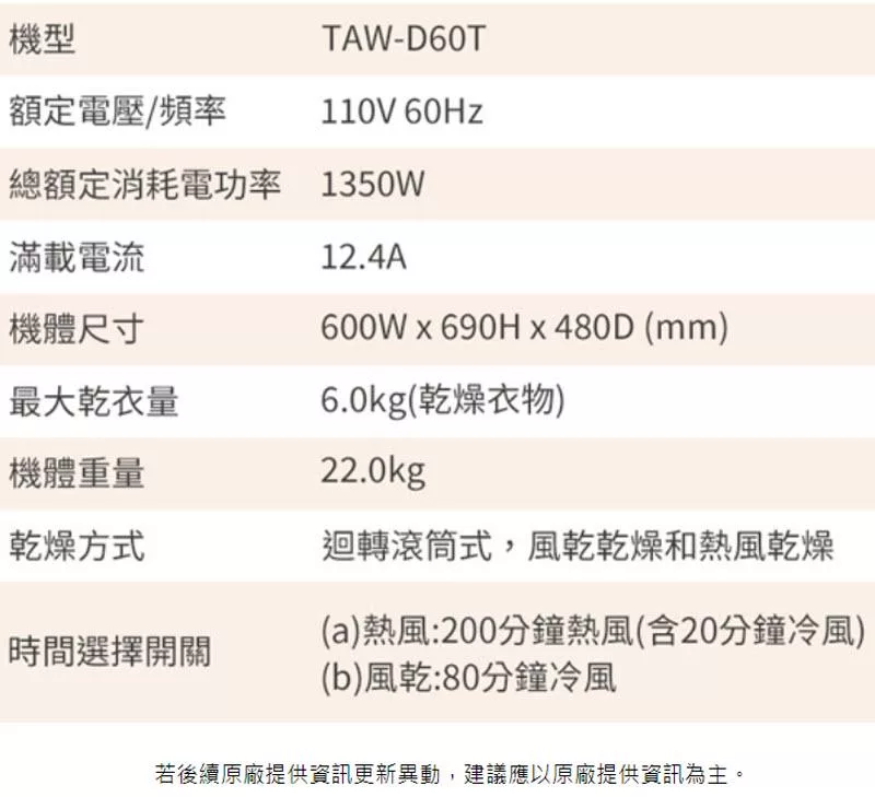 TATUNG大同 TAW-D60T - 詳情4