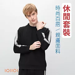 IOIIOI歐洲貴族 長袖圓領衫 T恤 套裝上衣 特色織帶 速乾布料 M 黑色