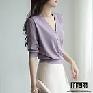 【Jilli~ko】氣質優雅珍珠扣飾V領純色寬鬆五分袖針織衫 J8801  FREE 紫色