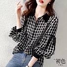 【初色】燈籠袖繫繩設計格子襯衫上衣─黑色─63695(M─2XL可選) M 黑色
