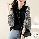 【初色】條紋泡泡燈籠袖拼接長袖襯衫上衣─黑色─63813(M─2XL可選) M 黑色