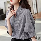 【初色】復古黑白細格紋泡泡袖襯衫領上衣─黑色─67131(M─2XL可選) XL 黑色
