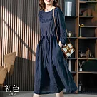 【初色】亞麻風蕾絲綁帶連身洋裝─共2色─67323(M─2XL可選) L 藏青色