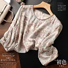 【初色】圓領燈籠袖復古印花七分短袖T恤上衣─花色─68822(M─2XL可選) M 花色